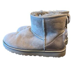 UGG Classic mini suede women’s boot, grey and metallic, shearling size 7US